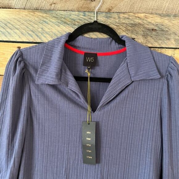 W5 Blue Ribbed Collar Top Size Medium‎ - Picture 3 of 8